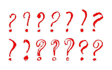 Question mark symbols set. Red pencil school kid handwritten ask signs. Icon collection to highlight an important question in a quiz or questionnaire. Vector sketch or graffiti style question marks.のイラスト素材