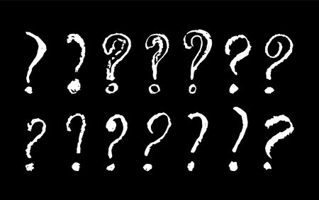 Question mark symbols set. White pencil school kid handwritten ask signs. Icon collection to highlight an important question in a quiz or questionnaire. Vector sketch or graffiti style question marks.のイラスト素材