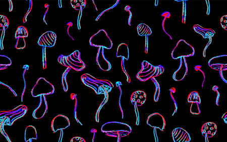Fantasy mushrooms seamless pattern. Line art funny floral elements. Mushroom sketch wallpaper in 1960s or 1970s style i in neon pink and purple. Vector groovy background drawn by crayon pencil.のイラスト素材