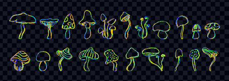 Set of fantasy mushrooms. Line art funny floral elements. Mushroom sketch collection in 1960s or 1970s style in neon green and yellow. Vector groovy icons in children style, drawn by crayon pencil.のイラスト素材