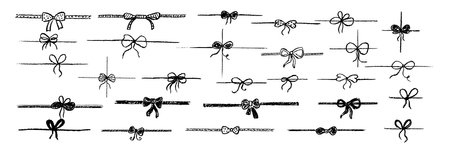 Set of doodle gift ribbon bow. Simple line elements collection drawing by black crayon. Sketch stile minimalistic ribbon bow. Children art pastel handdrawing loop of cord. Vector illustration.のイラスト素材
