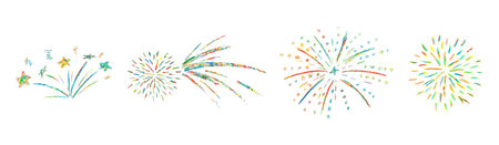 Fireworks cute pencil lines doodle elements for birthday, anniversary. Set of colorful rainbow sketches in style of lightning, explosion, sun rays, firecrackers, sparkles, motion effects. Vector.のイラスト素材