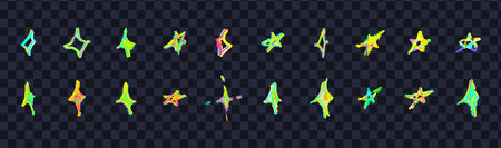 Set of colorful chalk drawing stars. Shine or sparkle doodle collection. Children style rainbow wax pencil handdrawing elements of night sky. Vector crayon scratch grunge texture star shapesのイラスト素材