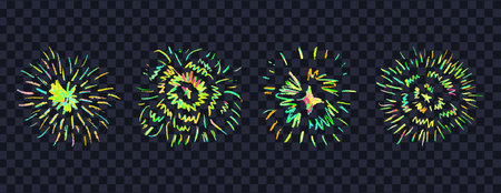 Firework set on black background. Crayon pencil drawing round geometric shapes and swirl. Neon color victory signs collection. Like kid painting hand drawn sun rays acid color. Vector illustration.のイラスト素材