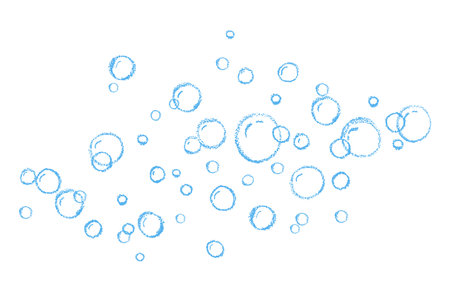 Soap bubbles in cartoon style. A foam sample with blue pastel round shapes. Vector charcoal illustration of a card with shampoo or drinking foam. Simple soap background. Oxygen circles flying.のイラスト素材