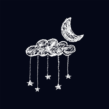Abstract pencil cloud and stars hang on ropes. Hand drawn cartoon cloudy night sky with crescent. Like childrens drawing with white wax pencils bedroom design element. Vector illustrationのイラスト素材