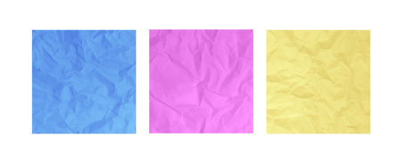 Set of crumpled colorful paper texture. Abstract pink, blue and yellow backgrounds with wrinkled cardboard texture. Vector illustration of a realistic origami page card folded and then unfolded sheetのイラスト素材