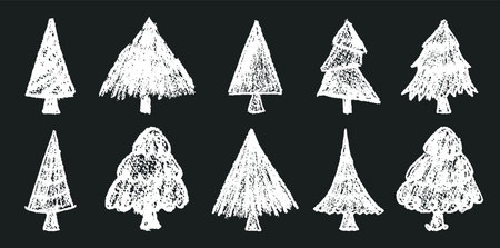 White crayon hand-drawn Christmas trees by children. Set of pastel wax squiggle strokes on a blackboard bg mimic charcoal doodles. Perfect for school or kindergarten use. Vector silhouettesのイラスト素材