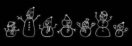 Xmas snowman family drawn in pastel wax style. Doodle outline vector set for school or kindergarten chalkboard art. Kids white squiggles and charcoal winter elements on black bg for Christmas cheer.のイラスト素材