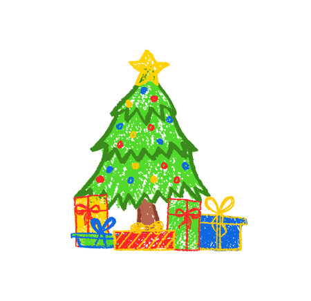 Christmas tree decorated with a star on top and gifts. Hand-drawn like children, using colorful wax, squiggle lines. Doodles in pastel charcoal style. Xmas vector for school, kindergarten designsのイラスト素材