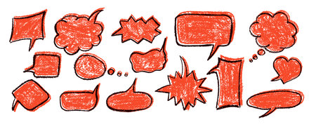Vector set of quirky speech and thought bubbles for sms in red wax with black outline on blackboard background. Charcoal texture and squiggle style ideal for kindergarten or school collage designs.のイラスト素材
