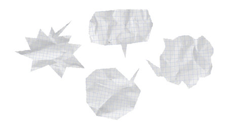 Wrinkled and crumpled torn paper speech balloons with square grid. Comic-style chat tags and note textures ideal for school cut-out graphics or handmade collage. Vector illustrationのイラスト素材