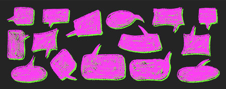 Vector set of quirky pink speech bubbles and clouds with green shadow. Wax and charcoal squiggle style on blackboard background, perfect for school or kindergarten collage or fun acid-colored designs.のイラスト素材
