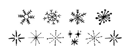 Christmas snowflake set with wax black crayon or charcoal texture. Quirky chalkboard style, perfect for kindergarten Xmas crafts, cards and holiday designs. Vector illustration drawn as if by a childのイラスト素材