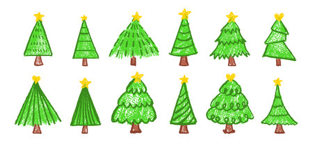 Set of Christmas tree with gold star on top. Doodles in pastel charcoal style. Hand-drawn by children on black bg using green wax or squiggle lines. Xmas vector for school, kindergarten designsのイラスト素材