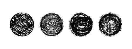 Hand drawn black crayon wax and chalk textured paintbrush circles for chalkboard or blackboard use. Great for kindergarten, kid crafts, children school art, calligraphy, and grungy speech bubbleのイラスト素材