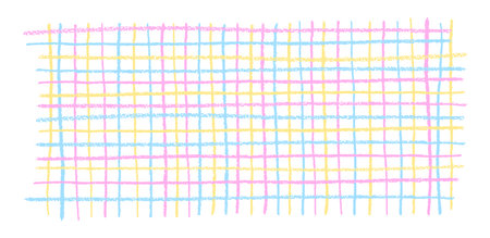 Vector chequered collage with pastel freehand strokes in pink, blue, and yellow. Handmade wax scribble texture, kids chalkboard vibe, perfect as school backdrop or playful kindergarten graphic design.のイラスト素材
