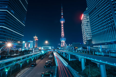 the night view of the lujiazui financial centre in shanghai china.のeditorial素材