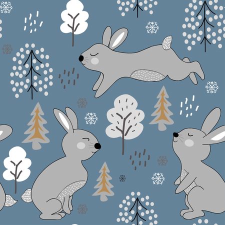 childish seamless pattern with rabbits. winter design illustration for fabric,textile, wallpaper, clothes.のイラスト素材