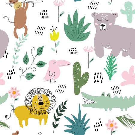 childish jungle texture with lion,bear, , monkey, crocodile, bird and jungle elements. seamless pattern vector illustrationのイラスト素材