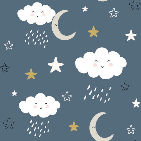 seamless pattern with cute clouds and raindrops. vector illustration,のイラスト素材