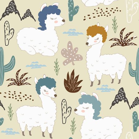 Seamless pattern with llama and cactus. vector illustration for fabric, textile,wallpaperのイラスト素材