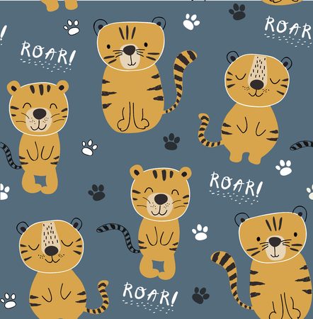 funny tigers seamlesss pattern, childish illustration for fabric,kids nursery,clothesのイラスト素材