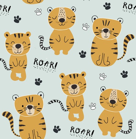 funny tigers seamlesss pattern, childish illustration for fabric,kids nursery,clothesのイラスト素材