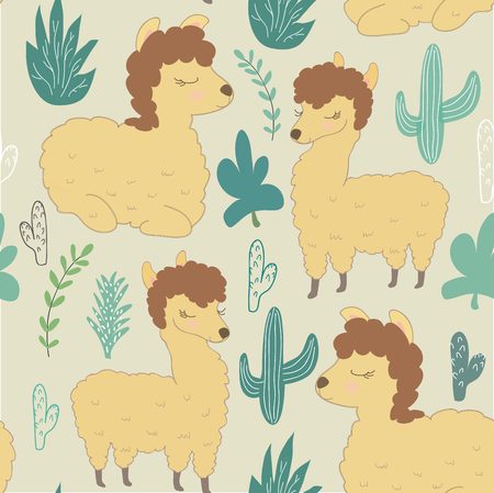Seamless pattern with llama and cactus. vector illustration for fabric, textile,wallpaperのイラスト素材