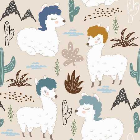 Seamless pattern with llama and cactus. vector illustration for fabric, textile,wallpaperのイラスト素材