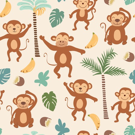 childish jungle texture with monkeys and jungle elements. seamless pattern vector illustrationのイラスト素材