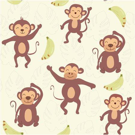 childish jungle texture with monkeys and jungle elements. seamless pattern vector illustrationのイラスト素材