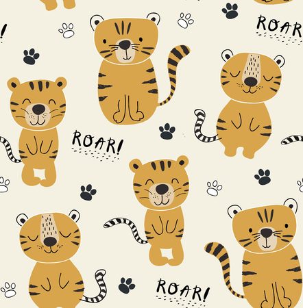 funny tigers seamlesss pattern, childish illustration for fabric,kids nursery,clothesのイラスト素材