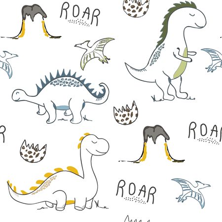 childish dinosaur seamless pattern for fashion clothes, fabric, t shirts. hand drawn vectorのイラスト素材