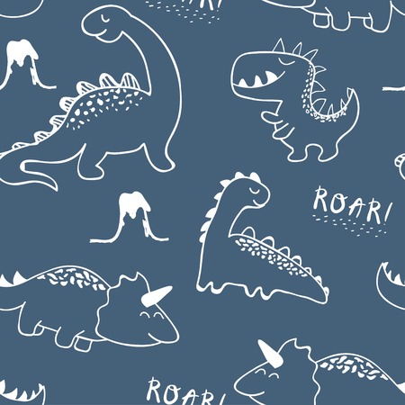 childish dinosaur seamless pattern for fashion clothes, fabric, t shirts. hand drawn vectorのイラスト素材