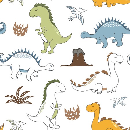 childish dinosaur seamless pattern for fashion clothes, fabric, t shirts. hand drawn vectorのイラスト素材