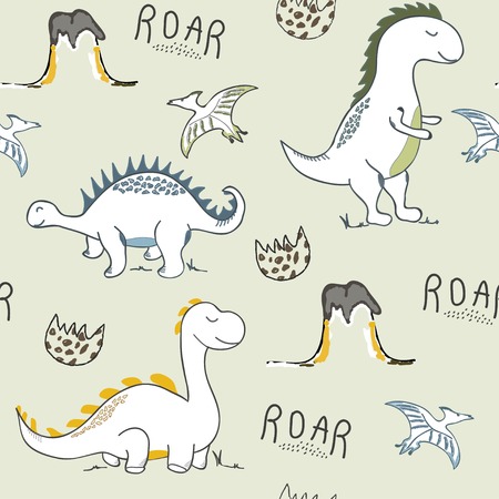 childish dinosaur seamless pattern for fashion clothes, fabric, t shirts. hand drawn vectorのイラスト素材