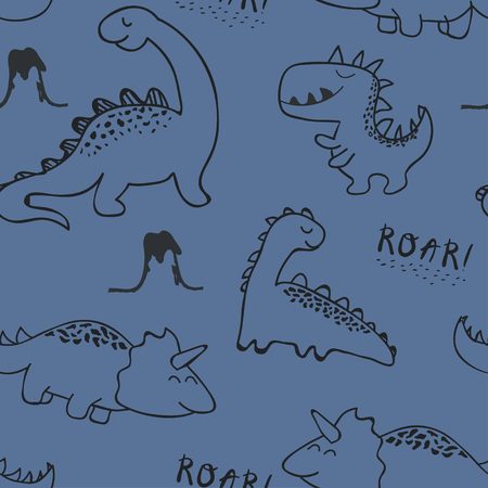 childish dinosaur seamless pattern for fashion clothes, fabric, t shirts. hand drawn vectorのイラスト素材