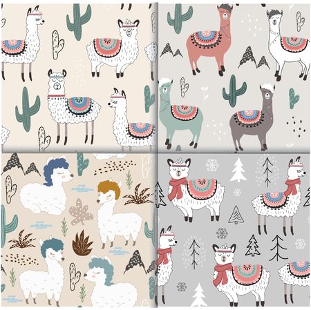 Seamless pattern set with llama and cactus. vector illustration for fabric, textile,wallpaperのイラスト素材