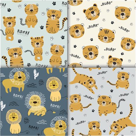 set of funny tigers and lion seamlesss pattern, childish illustration for fabric,kids nurseryのイラスト素材