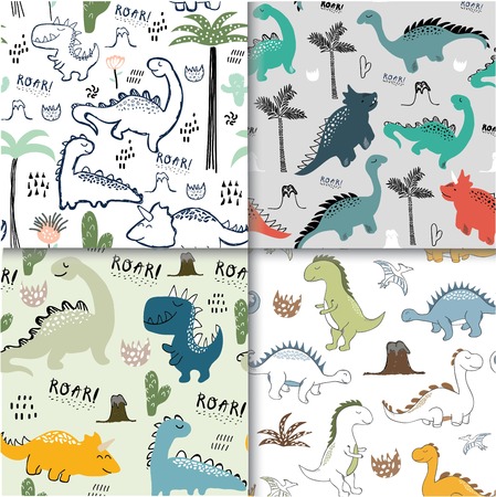 childish dinosaur seamless pattern set for fashion clothes, fabric, t shirts. vectorのイラスト素材