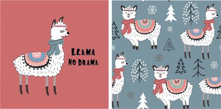 set of cute llama print and seamless pattern with llamas. vector illustrationのイラスト素材
