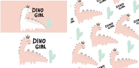 set of cute dinosaur print and seamless pattern with dinosaurs. vector illustrationのイラスト素材