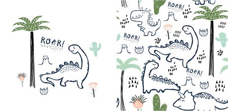 set of cute dinosaur print and seamless pattern with dinosaurs. vector illustrationのイラスト素材
