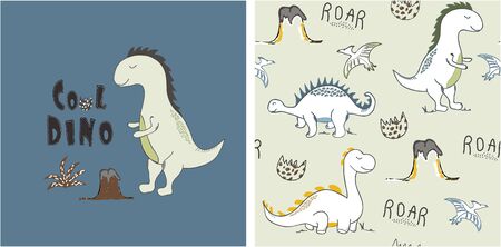 set of cute dinosaur print and seamless pattern with dinosaurs. vector illustrationのイラスト素材