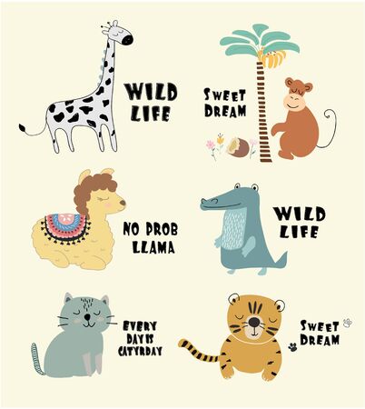 cute animal set print. childish vector illustration for kids t shirt,clothesのイラスト素材