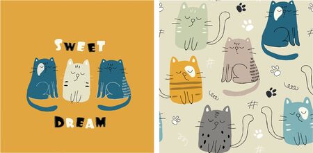 set of cute cat print and seamless pattern with cats. vector illustrationのイラスト素材