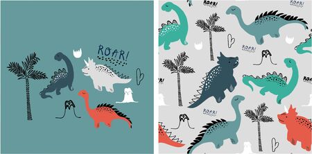 set of cute dinosaur print and seamless pattern with dinosaurs. vector illustrationのイラスト素材