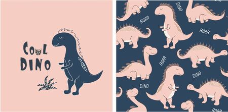 set of cute dinosaur print and seamless pattern with dinosaurs. vector illustrationのイラスト素材