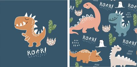 set of cute dinosaur print and seamless pattern with dinosaurs. vector illustrationのイラスト素材